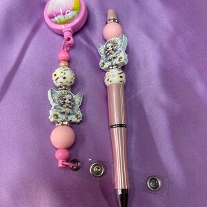 Pink Fairy Bead Retractable Pen with Charm Lanyard - Kids Toys
